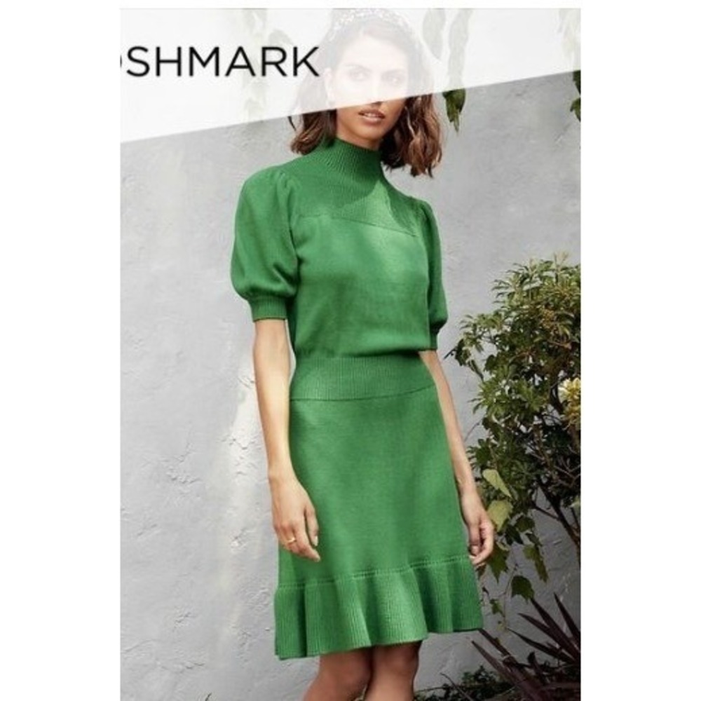 Happy Nature Green Ribbed Mock Neck Sweater Ruffle Hem Knit Mini Dress Small